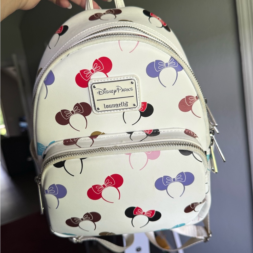 Disney Loungefly White Backpack with Colorful Minnie Mouse Bows